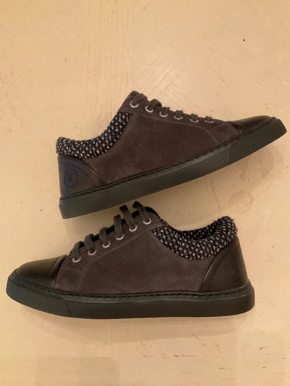 CHANEL Grey Gray Black Suede Tweed Low Top Lace Up Sneaker Shoes 37.5